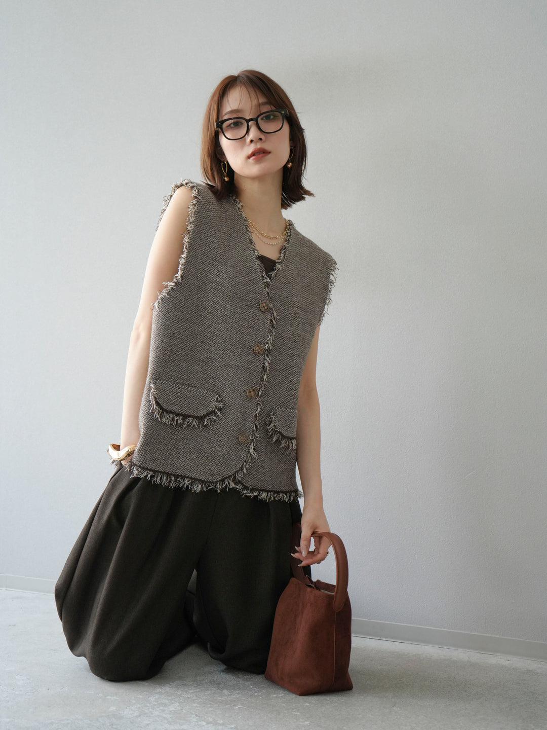 [予約]ツイードライクフリンジニットベスト/ブラウン