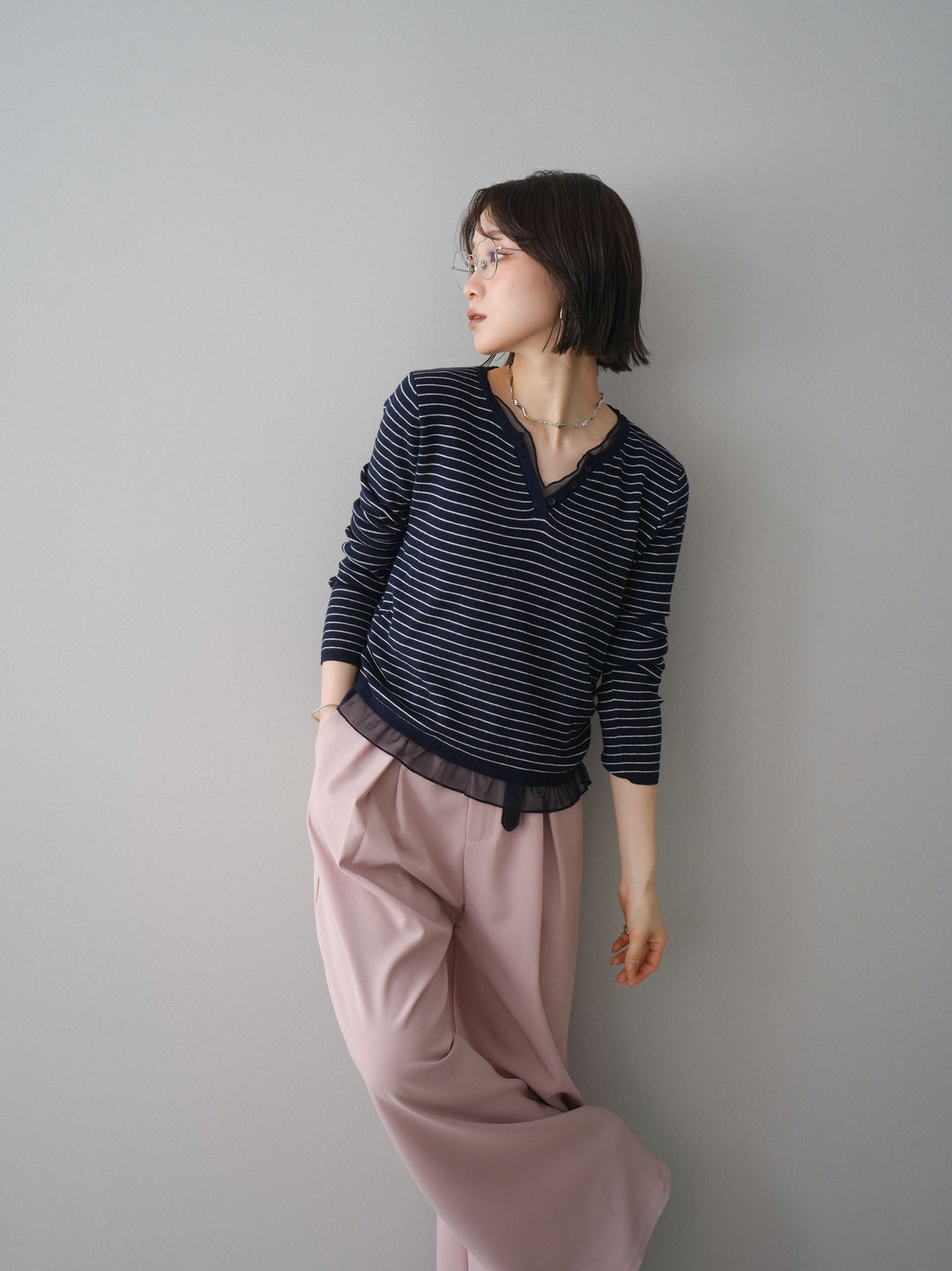 [SET]チュールレイヤードデザインボーダーニットトップス+ベルト付キーホルダーモチーフワイドパンツ(2set)