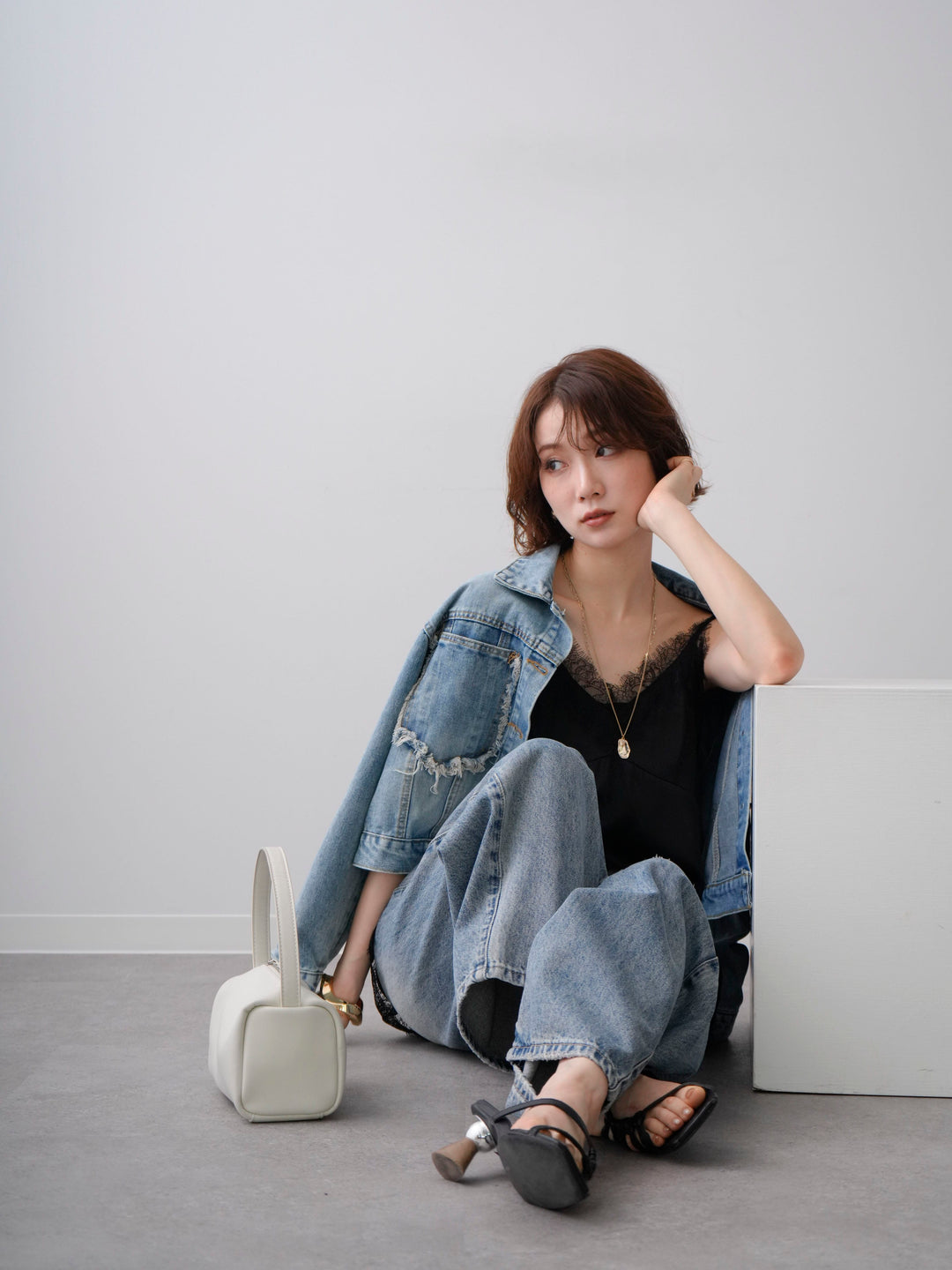 [SET]Wフリンジポケットデニムジャケット+ダメージデニムセミワイドパンツ(2set)