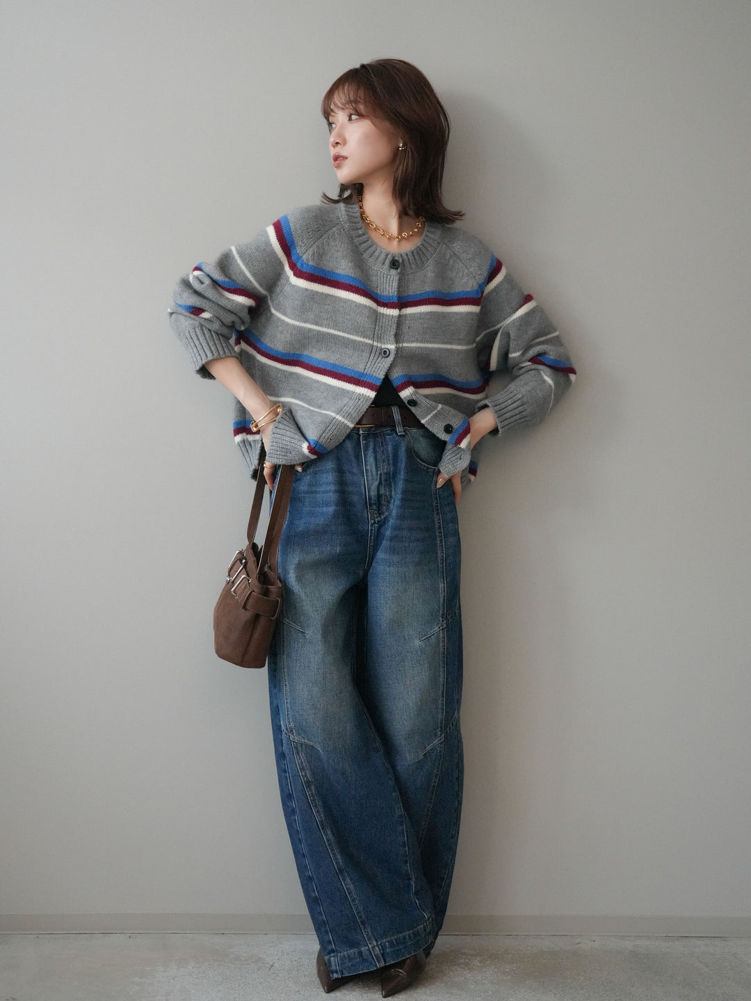 [SET]ランダムボーダーニットカーディガン+デザインステッチカーブデニムパンツ(2set)