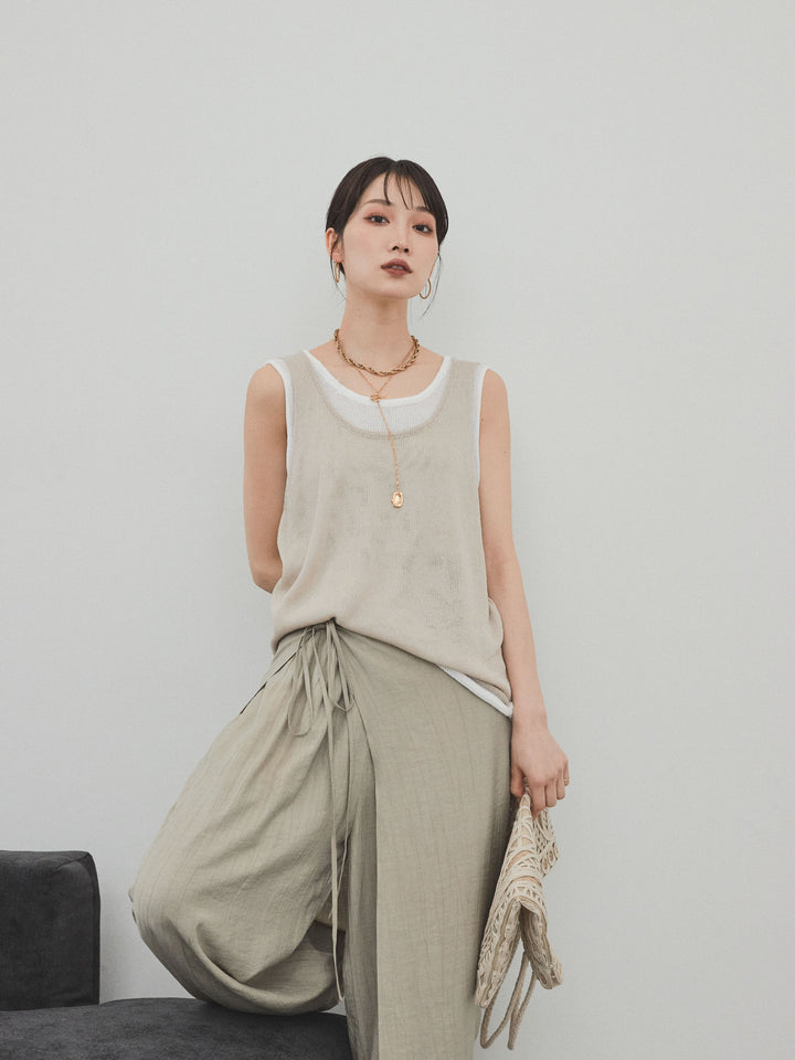 【預購】雙色疊層針織背心/米色