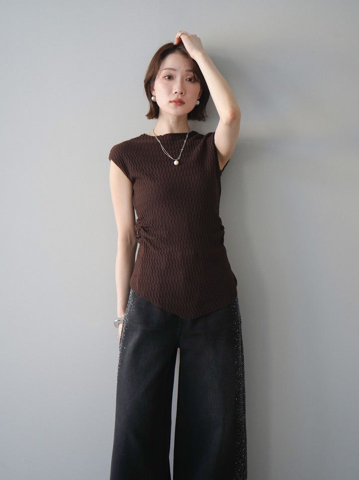 [予約]サイドシャーリングボトルネックノースリーブニットプルオーバー/brown