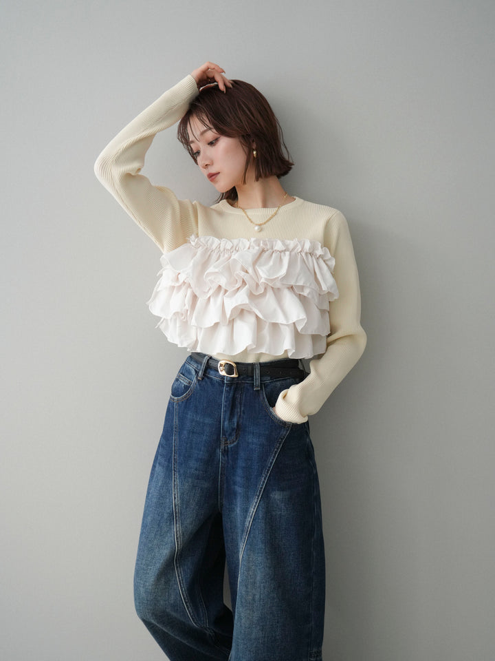 [SET]フリルビスチェドッキングスポンジニットプルオーバー+裏起毛加工デニムカーブパンツ(2set)