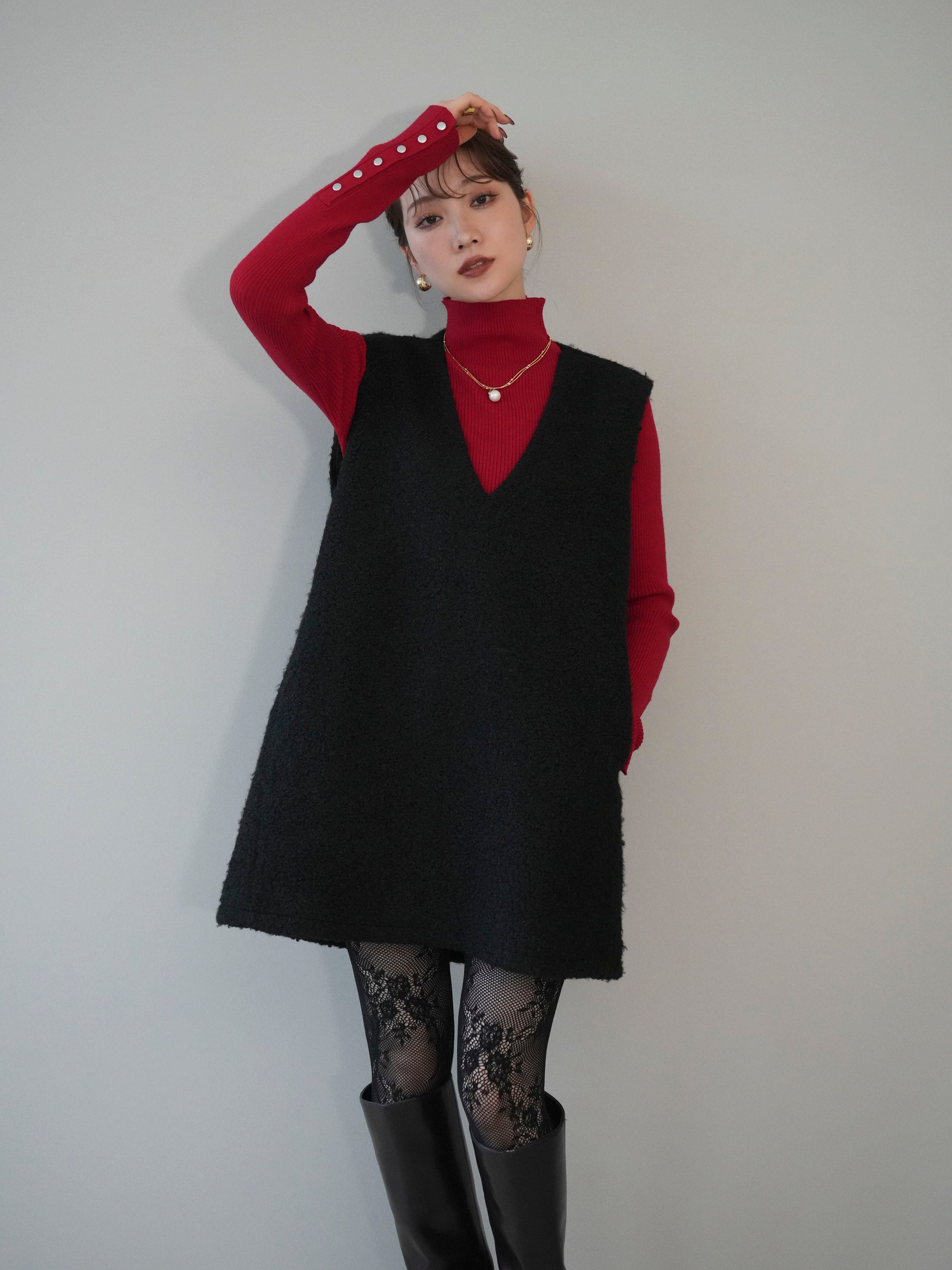 SET]ミックスループヤーンニットミニワンピース+袖ボタンボトルネック