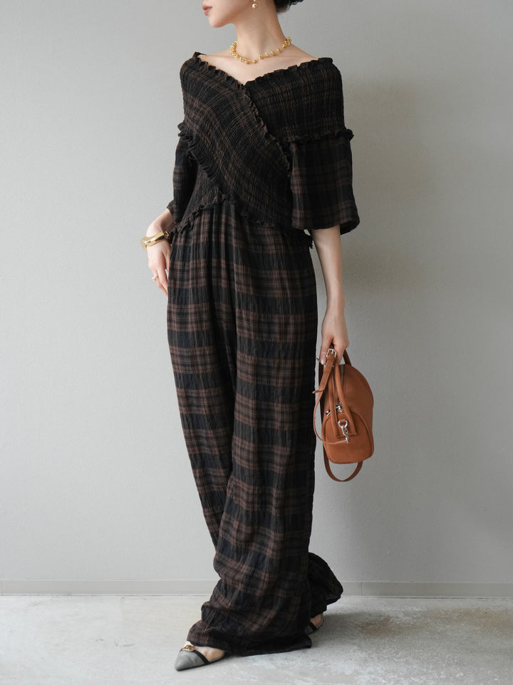 [予約]チェック柄ハーフスリーブシャーリングクロスサロペット/ブラウン