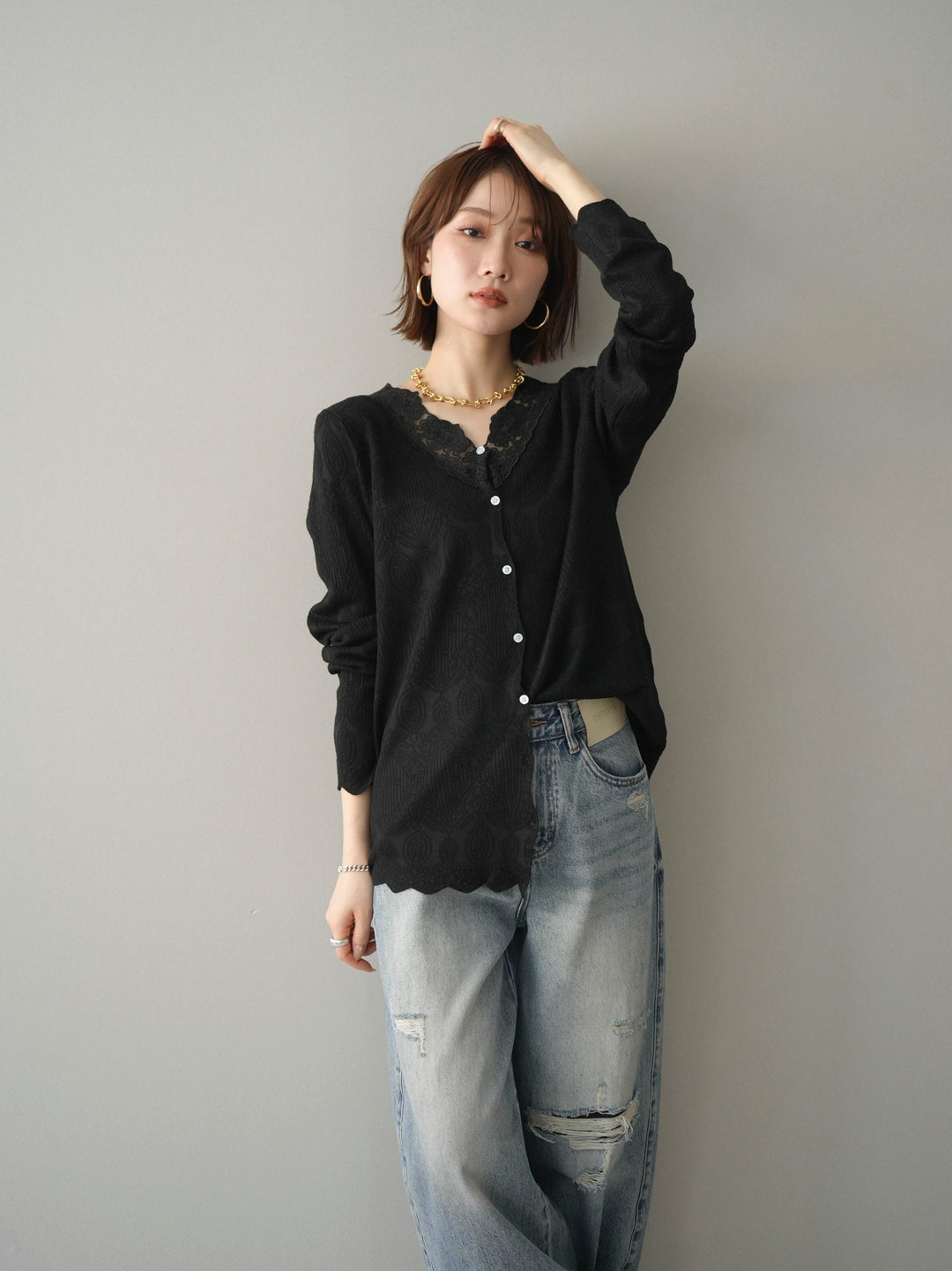 [SET]レースネックジャガードニットカーディガン+レースネックジャガードニットカーディガン(2set)