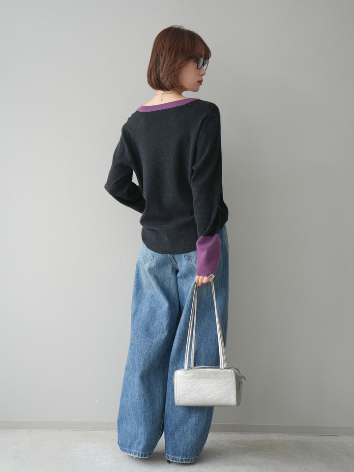 [SET]ヘンリーネック配色ニットソー+ベルト付3Dカーブワイドデニムパンツ(2set)