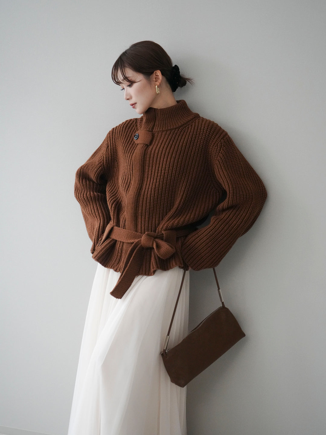 [予約]畦編みボトルネックZIPニットカーディガン/brown