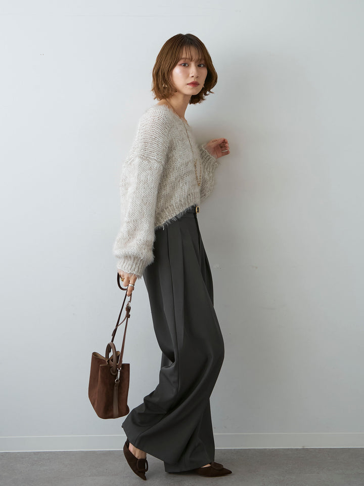 [SET]Vネックシャギークロップニットトップス+ツイルタックワイドパンツ(2set)