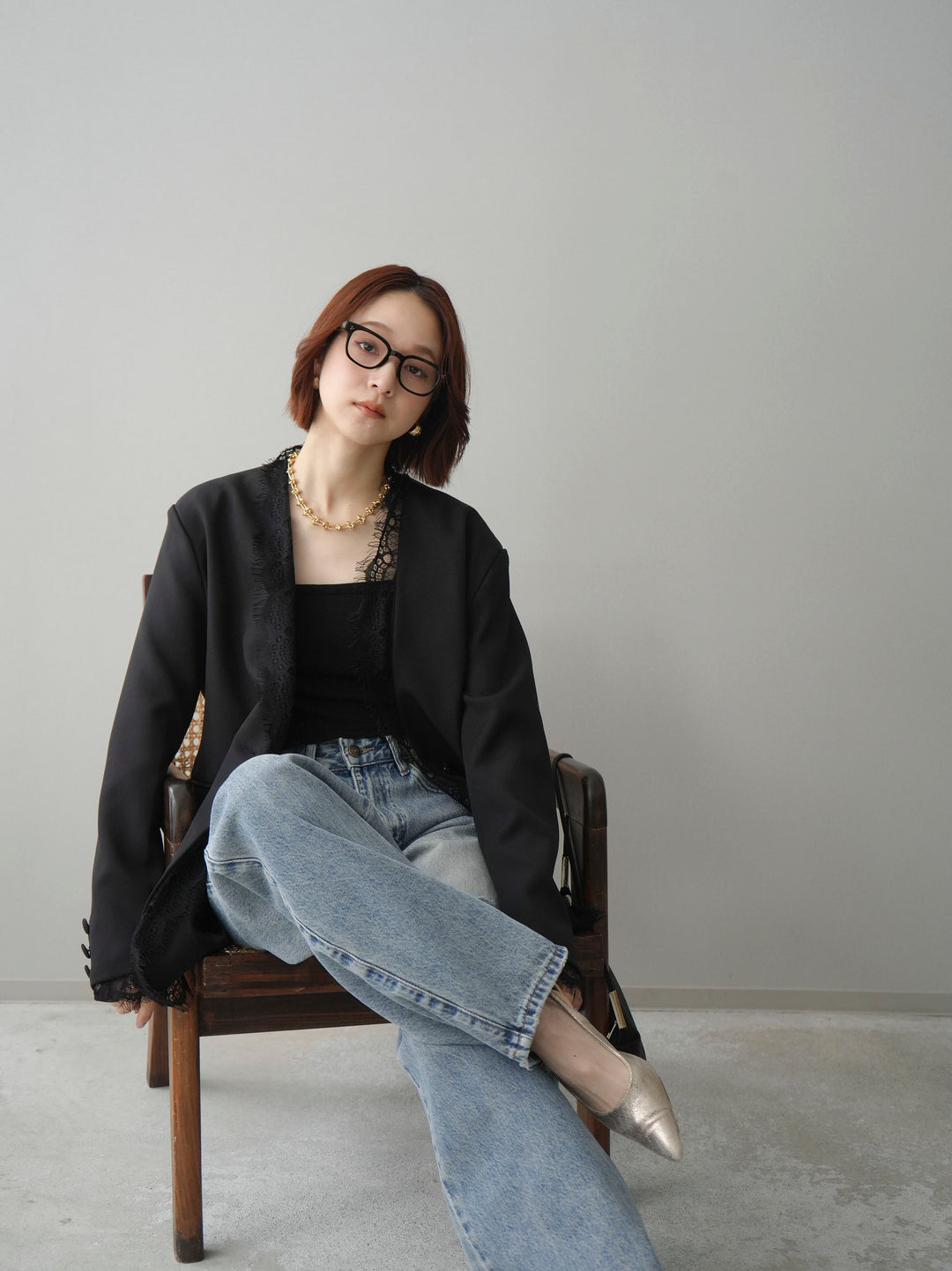 [SET]ノーカラーレースジャケット+カップ付テレコリブベアキャミソール(2set)