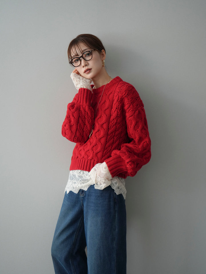 【着回しセット】[SET]バルキーケーブルクロップドニットプルオーバー+アンゴラタッチクルーネックニットプルオーバー+チュールレーストップス(3set)