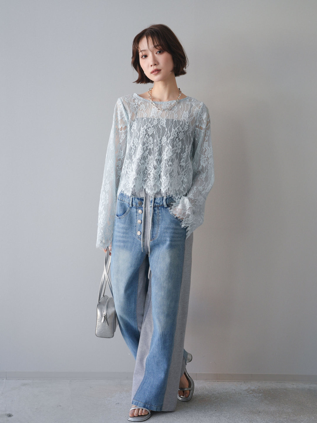 [SET]2WAYスリーブレーストップス+デニム切替スウェットパンツ(2set)