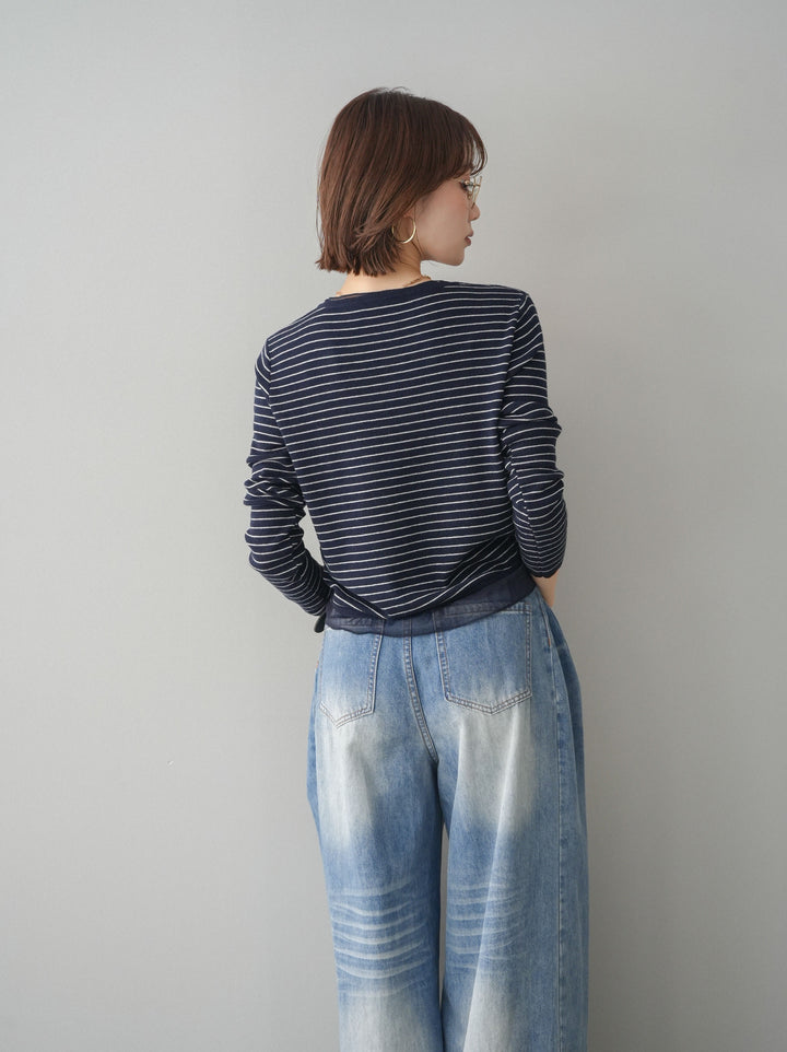 [SET]チュールレイヤードデザインボーダーニットトップス+選べるアクセセット(2set)