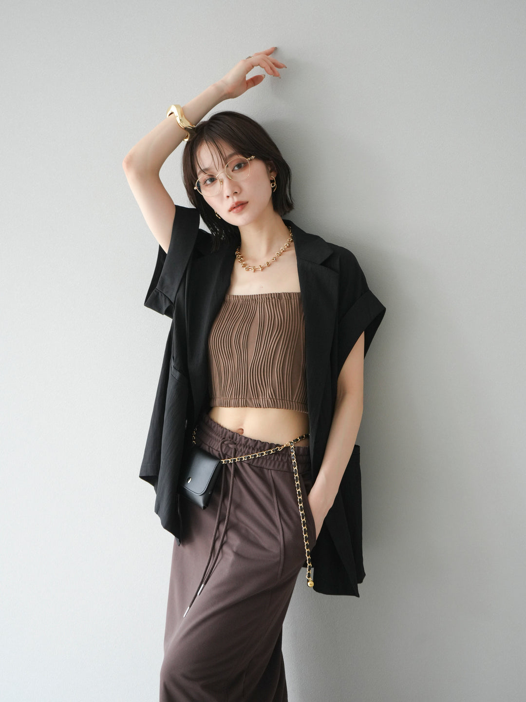 【預購】波浪滾邊杯裸色吊帶背心/棕色