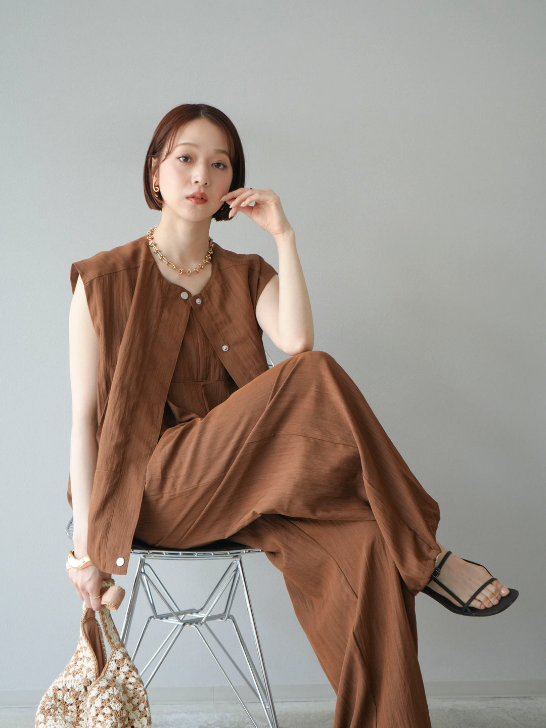 [SET]リネンライクビスチェデザインサロペット+リネンライクドロストバルーンブルゾン(2set)