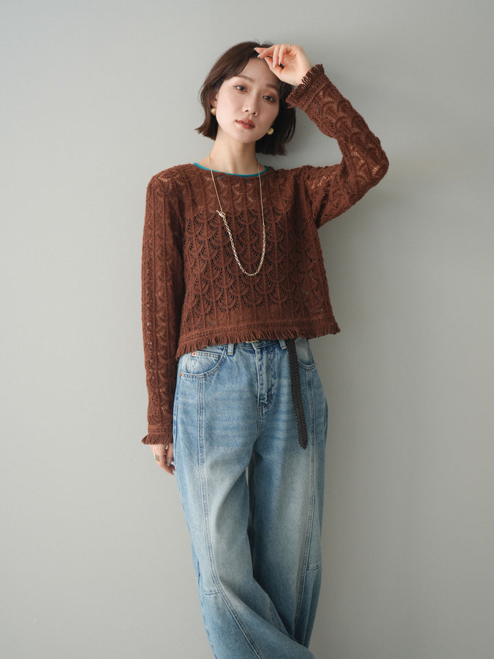[予約]扇透かし編みクロップドニットプルオーバー/brown