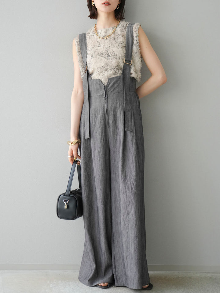 [SET]ストリングデザインハイウエストサロペット+ニュアンスフリンジジャガードノースリーブブラウス(2set)