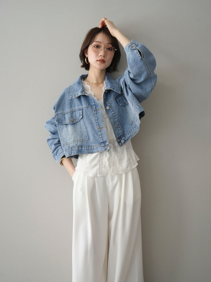 [SET]デニムショートシャツジャケット+ノースリサテンレースキャミソール+編み込みベルト付タックワイドパンツ(3set)
