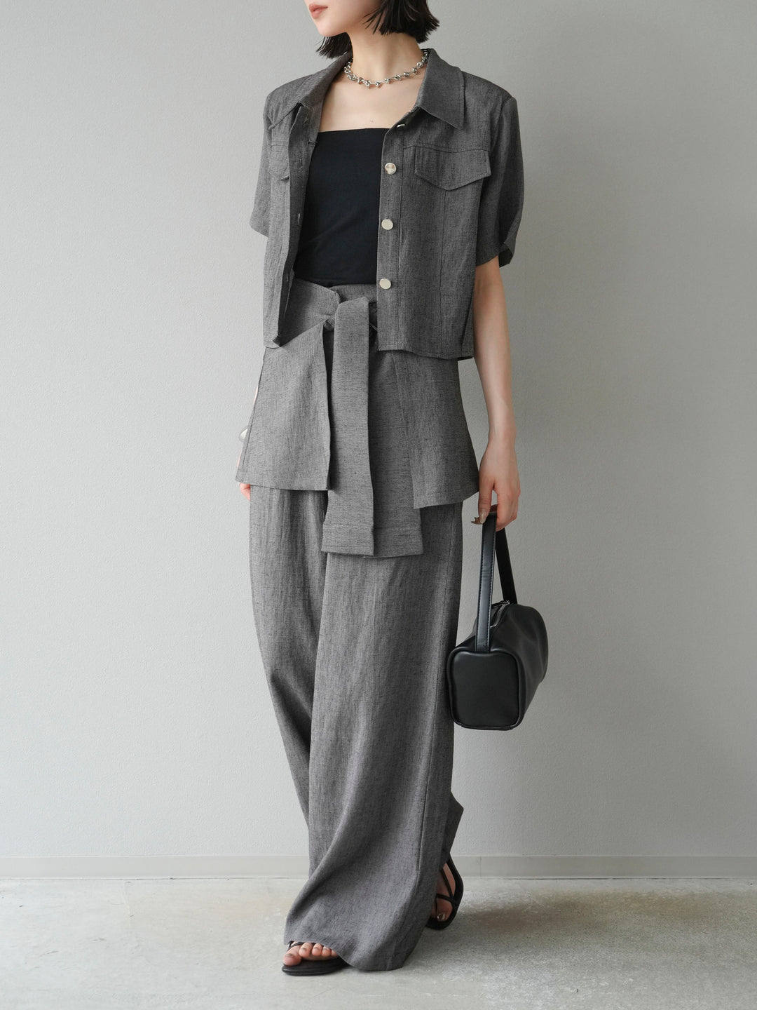 [SET]リネンタッチハーフシャツ＆ラップワイドパンツSET UP(2set)