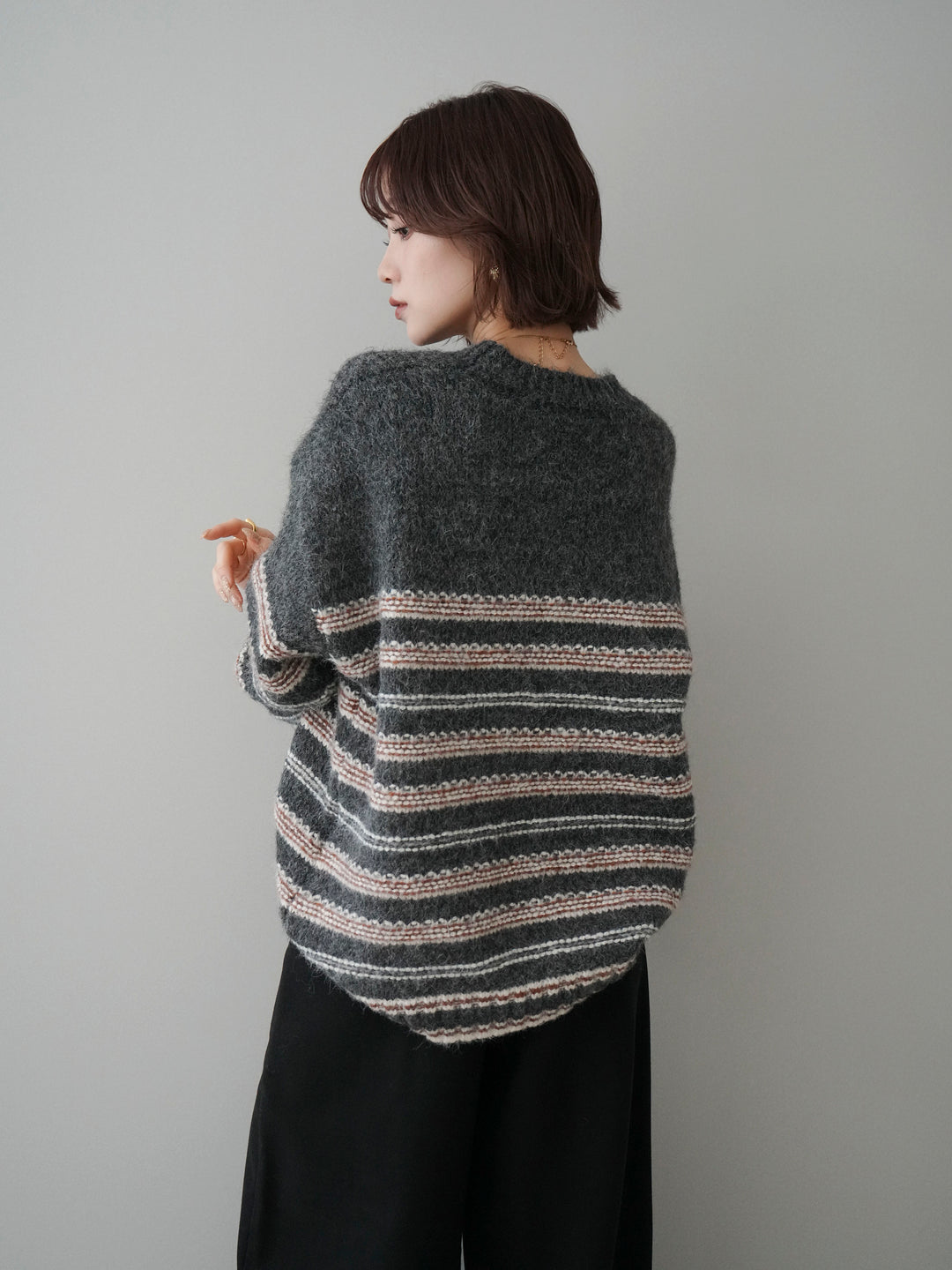 [SET]ステッチボーダーニットプルオーバー+ベルト付起毛コクーンパンツ(2set)