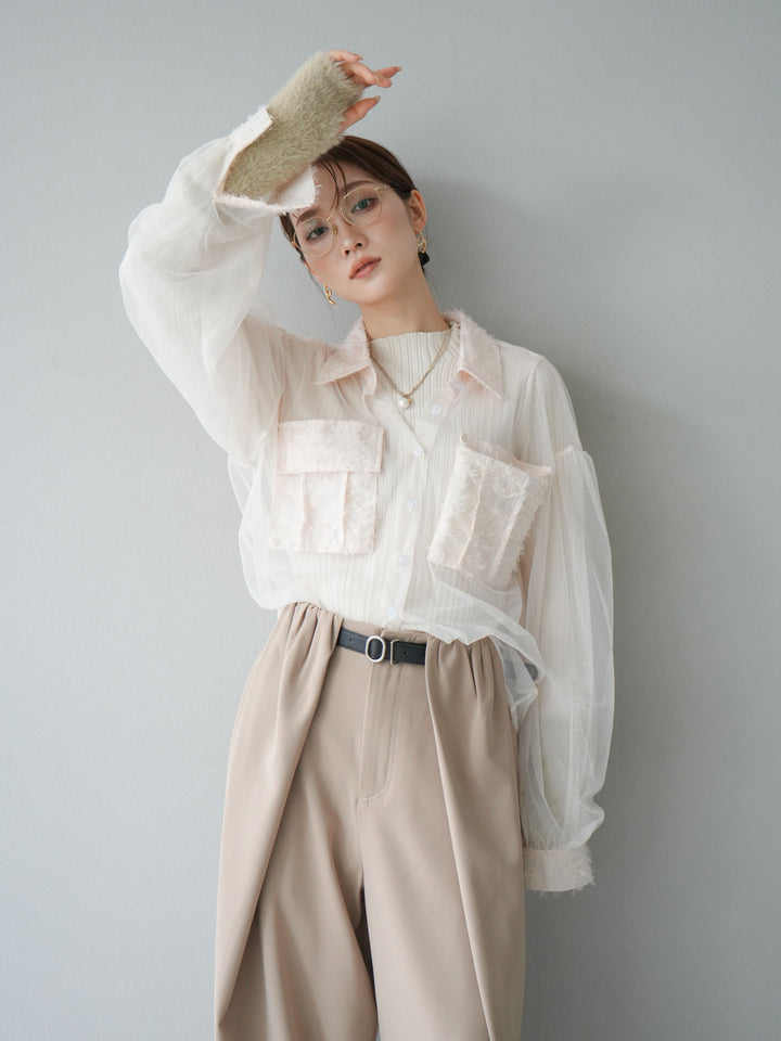 [SET]フリンジジャガード×チュールレイヤードシャツ+アームシャギーランダムリブニットトップス+ベルト付タックワイドパンツ(3set)