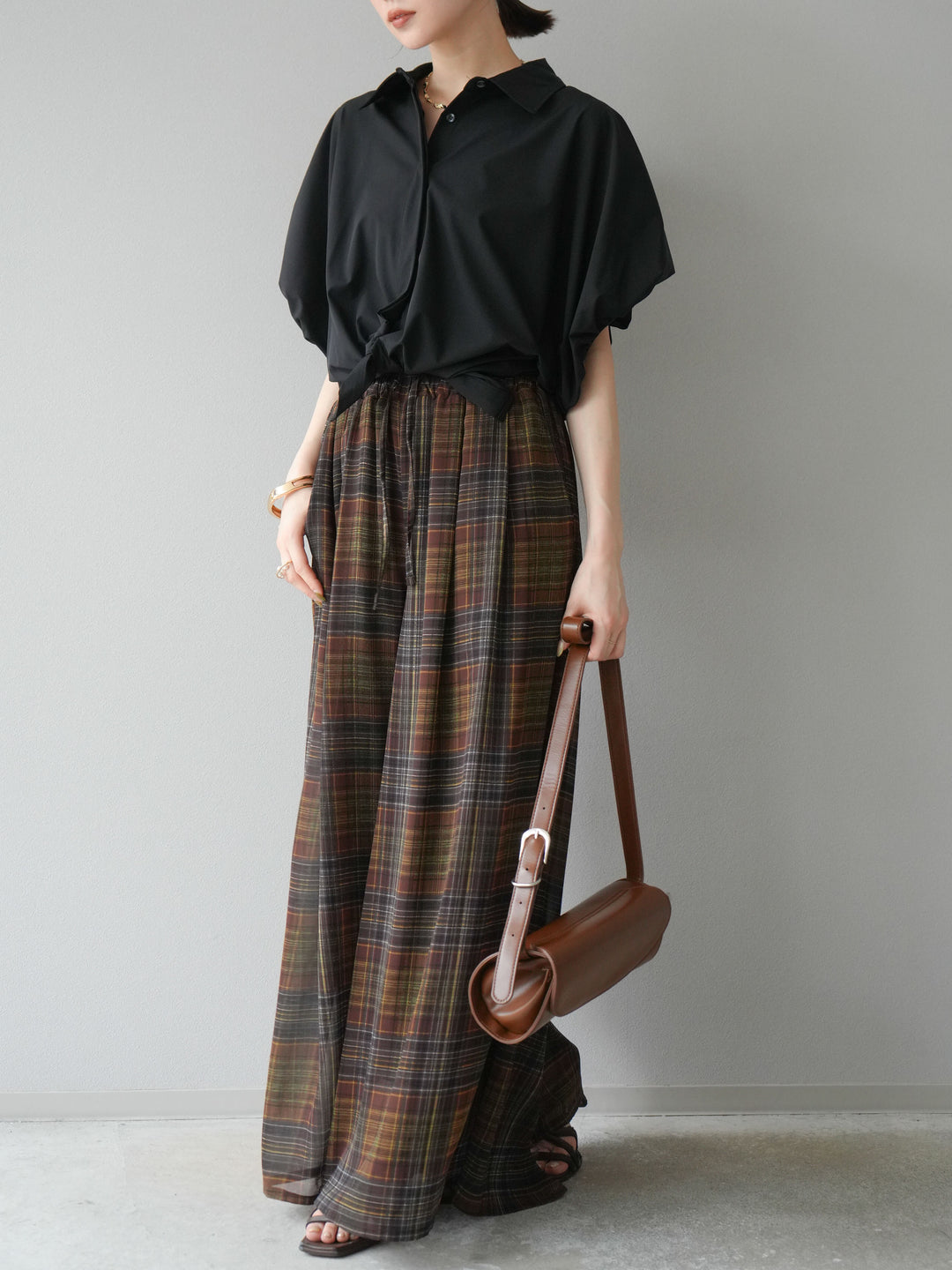 [預購] 透視格紋寬鬆褲/棕色
