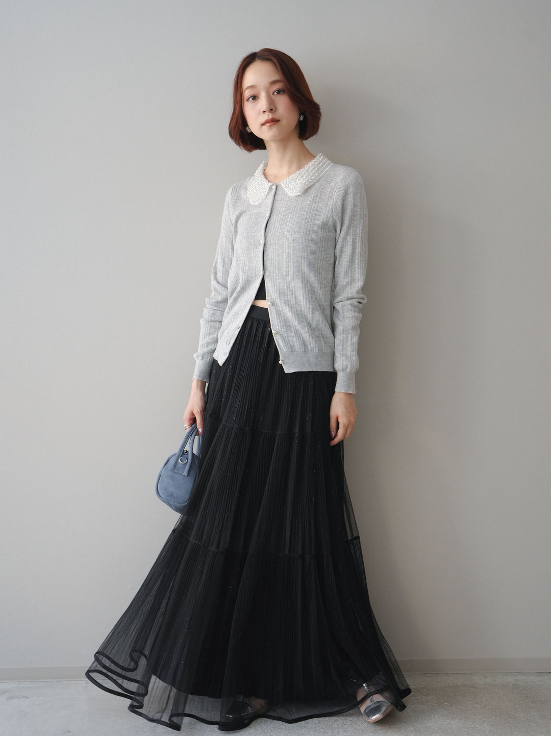 [予約]ラメプリーツレイヤードチュールロングスカート/black