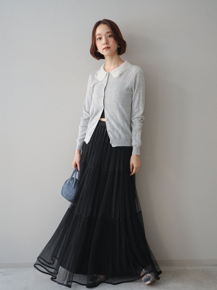 [予約]ラメプリーツレイヤードチュールロングスカート/black