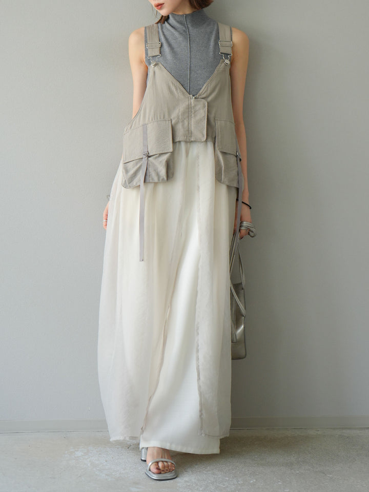 [SET] 戰術背心歐根紗洋裝 + 麻質寬鬆寬褲 (2 件套)