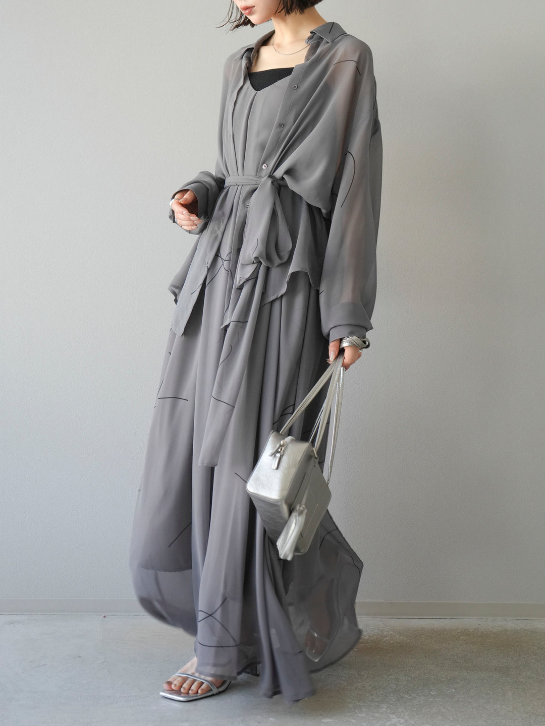 [SET]ペンタッチシフォンキャミワンピース+ペンタッチシフォンシャツ(2set)