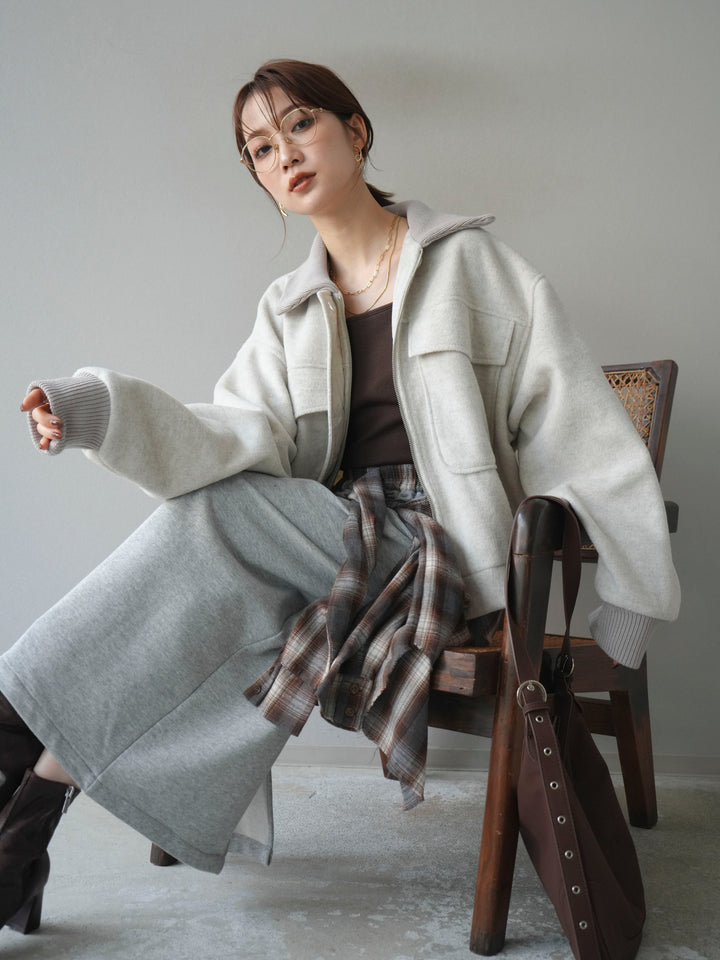 [予約]ウールタッチ襟リブステンカラーショートコート/oatmeal