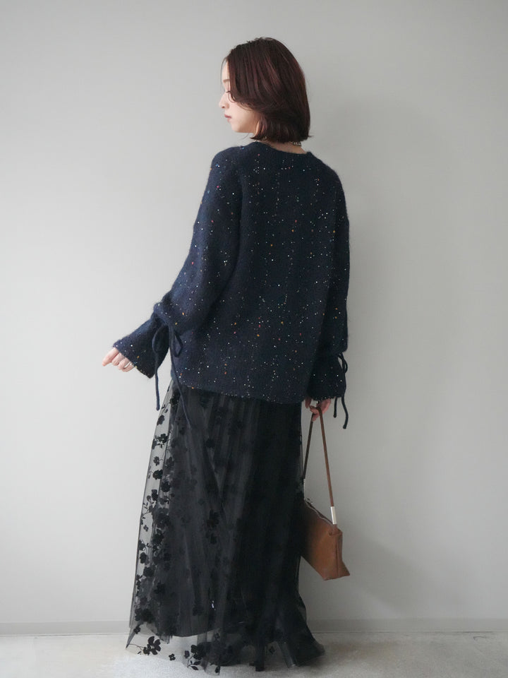 [SET]キャンディースリーブカラーネップスパンコールニットプルオーバー+フラワーフロッキーチュールプリーツスカート(2set)