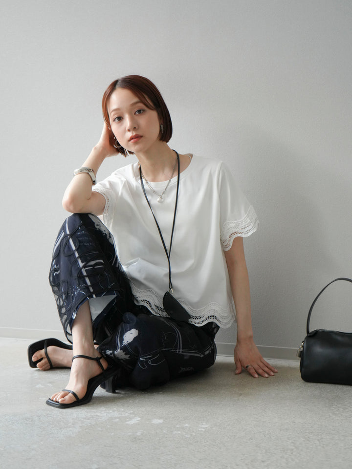 [SET]レース切替カットソー+コード刺繍チュールレイヤードパンツ(2set)