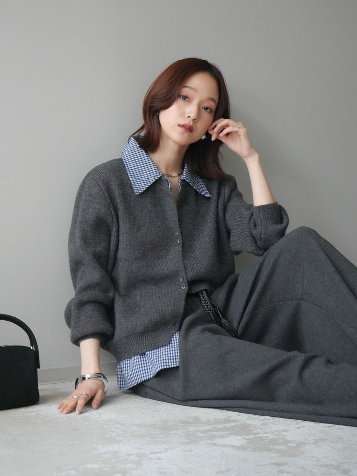 [SET]チェックシャツ襟ニットカーディガン+編み込みベルト付きウエスト配色スエットパンツ(2set)