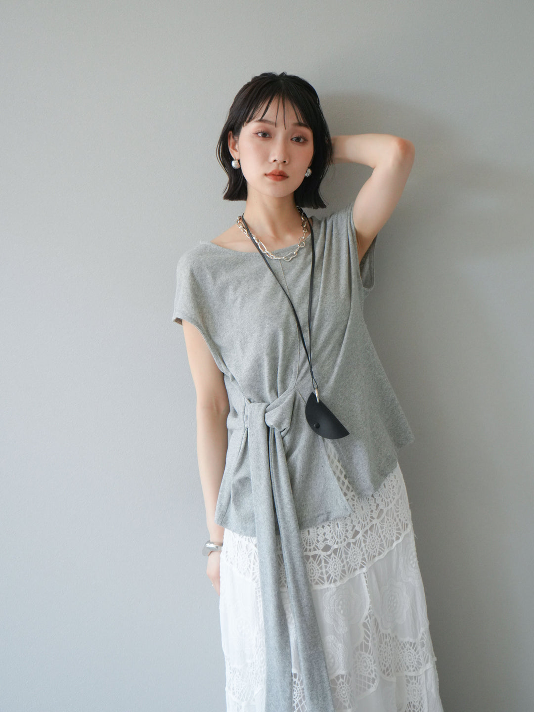 [予約]フロント巻きデザインカットソー/グレー