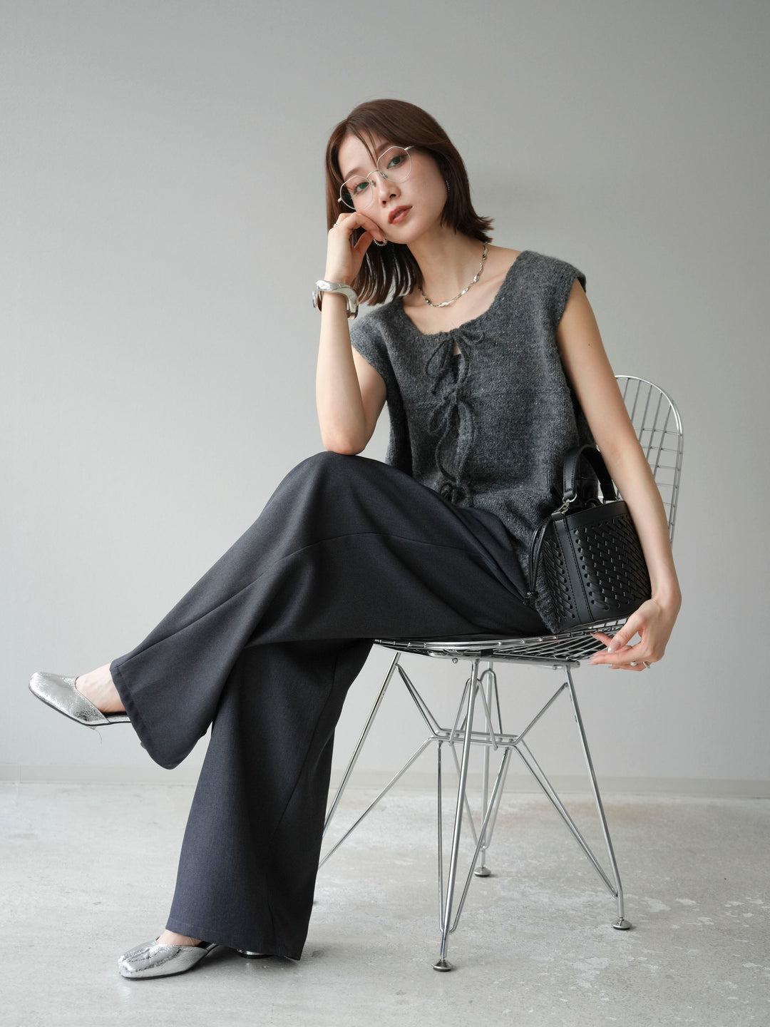 [予約]フロントスリットリボンニットベスト/グレー