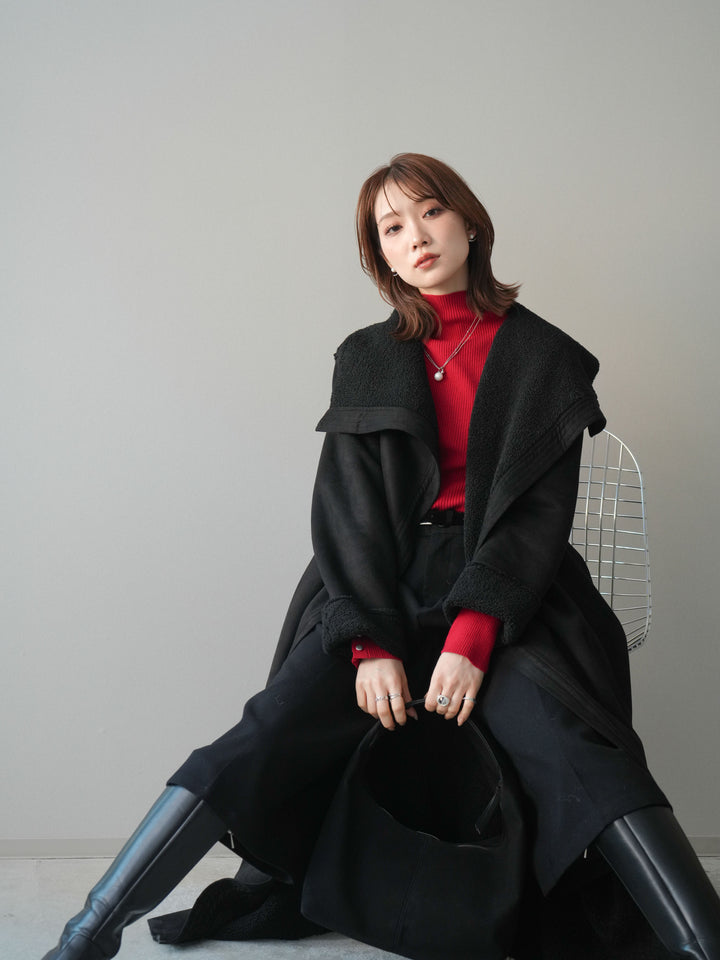 [SET]BIGカラームートンコート+袖ボタンボトルネックリブニットトップス(2set)