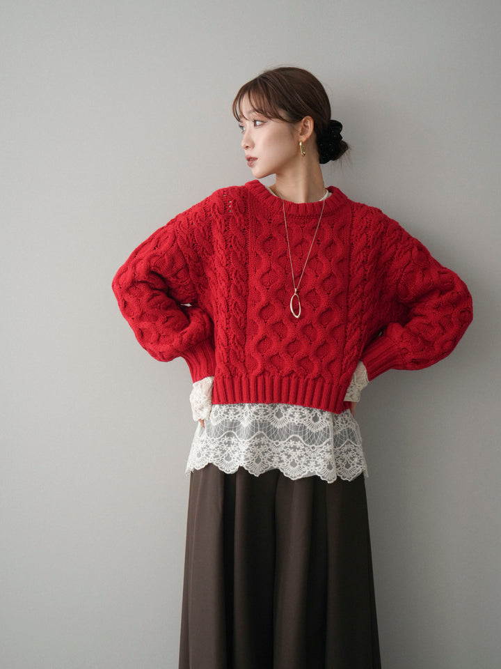 [予約]バルキーケーブルクロップドニットプルオーバー/red