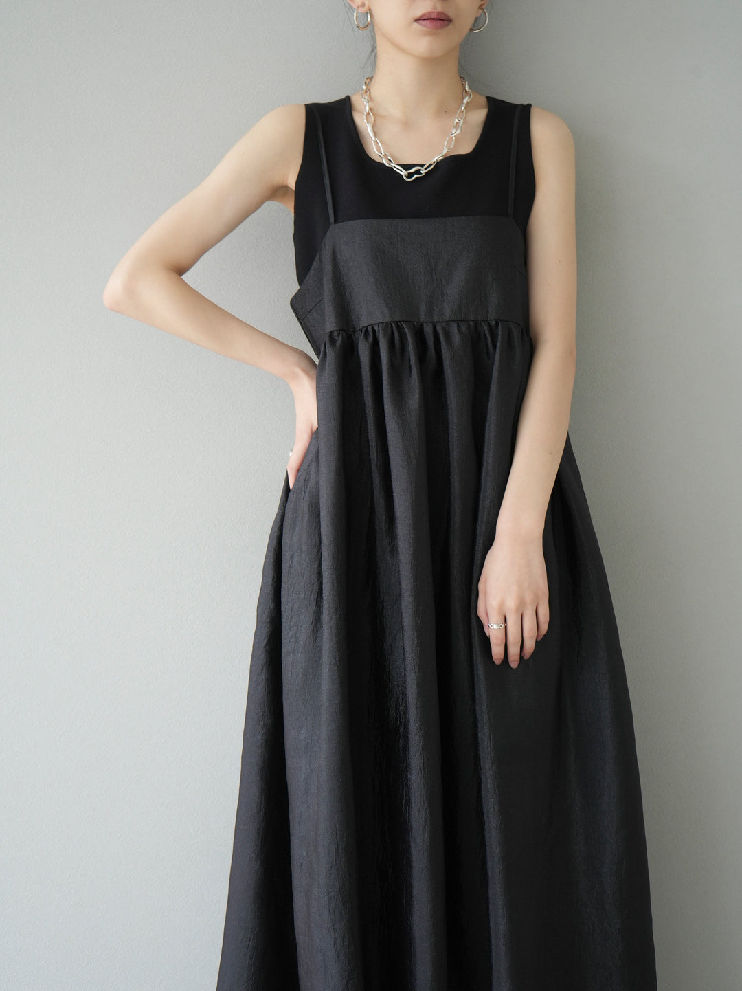 [Pre-order] Sheer Washer Volume Cami Dress/Black