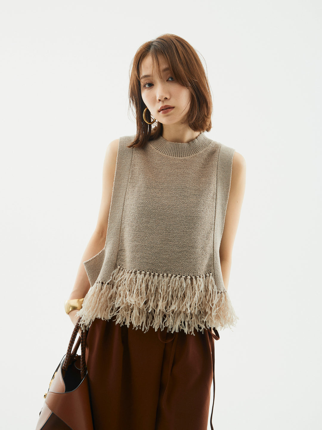 【Allure】[SET]フェザーヤーンニットベスト+ラップデザインタックワイドパンツ(2set)