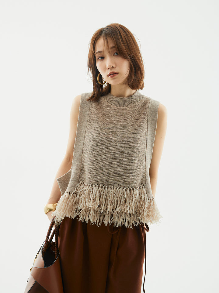 【Allure】[SET]フェザーヤーンニットベスト+ラップデザインタックワイドパンツ(2set)