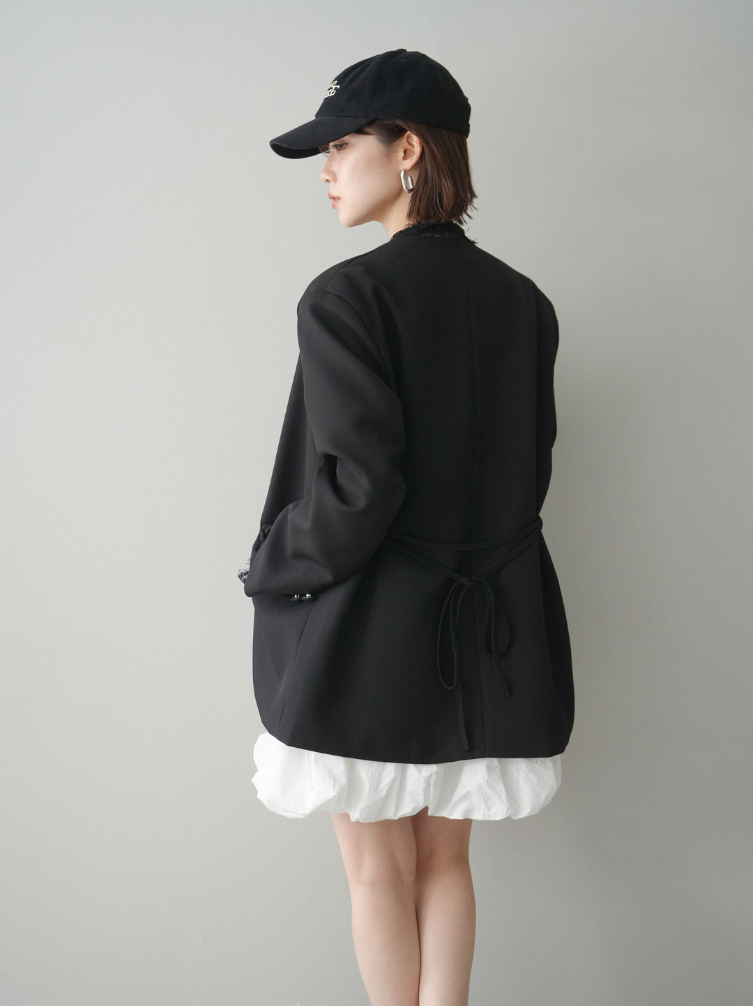 [SET]ノースリバルーンミニワンピース+ノーカラーレースジャケット(2set)