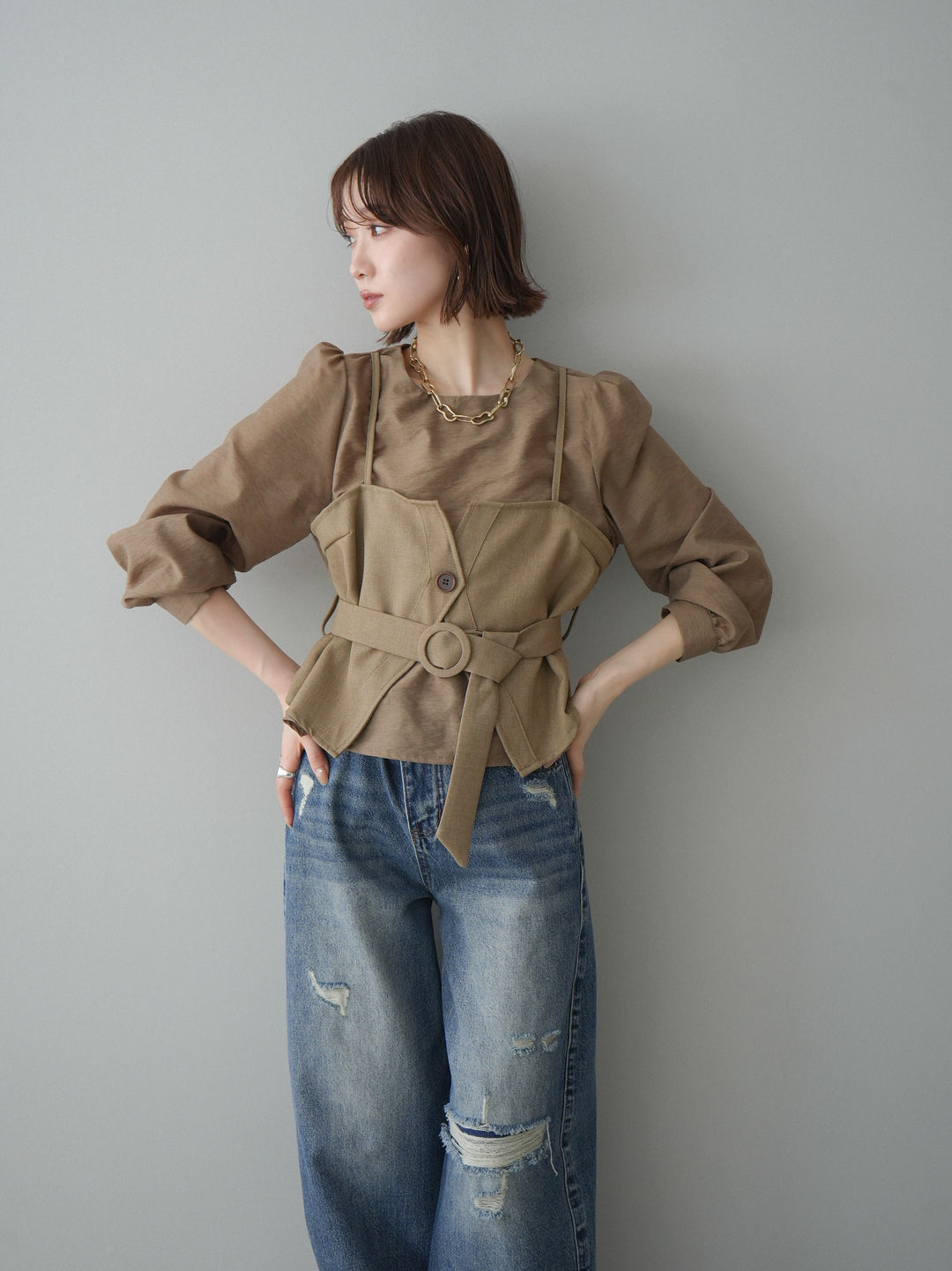 [SET]異素材ビスチェドッキングブラウス+選べるアクセセット(2set)