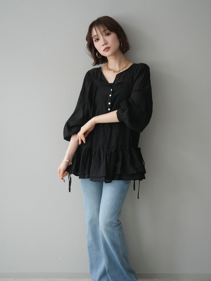 [予約]楊柳ドロストリボンフリルブラウス/black