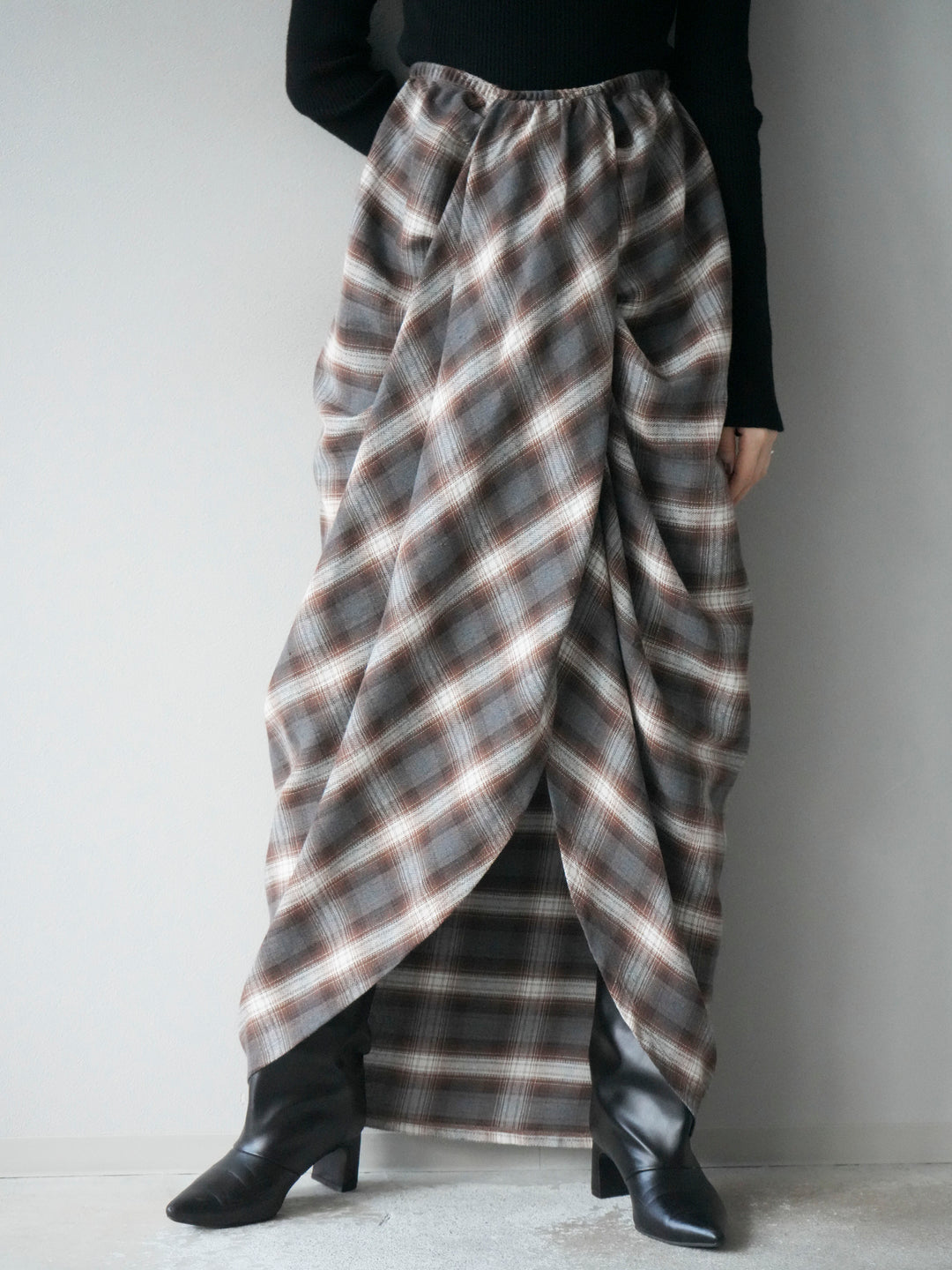 [予約]タックデザインチェックスカート/ブラウン