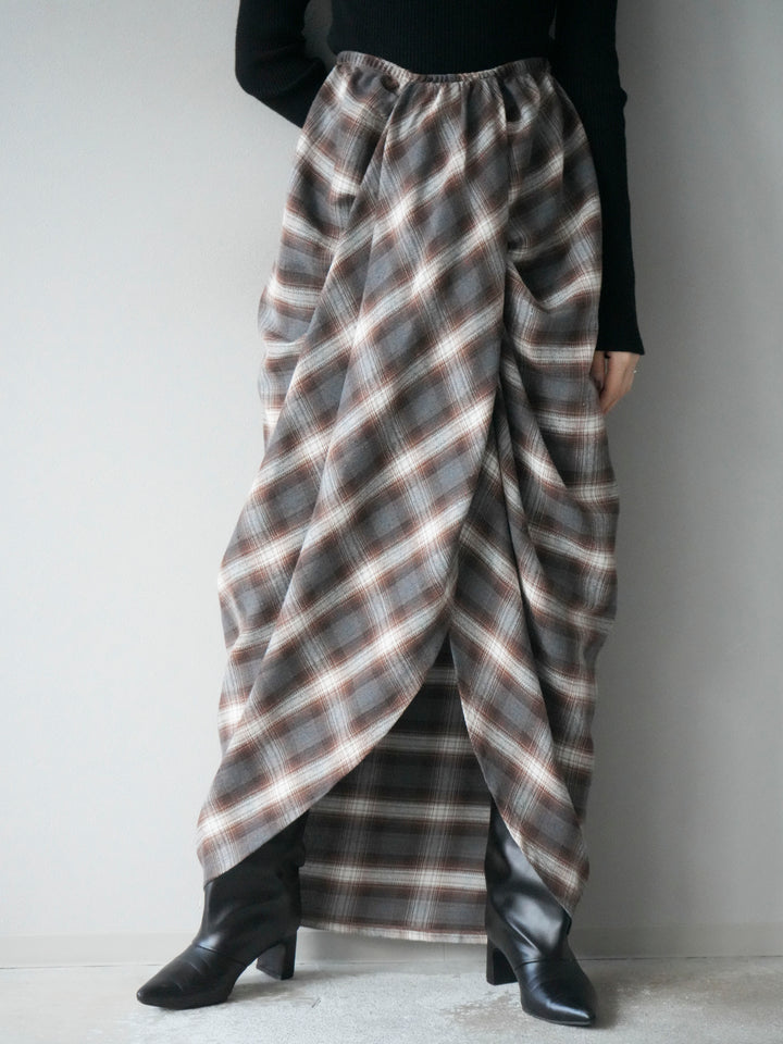 [予約]タックデザインチェックスカート/ブラウン