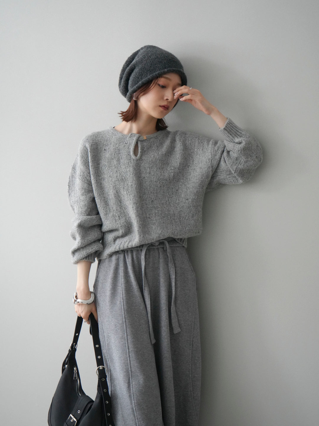 [予約]ツイストネックラメネップヤーンニットプルオーバー/gray