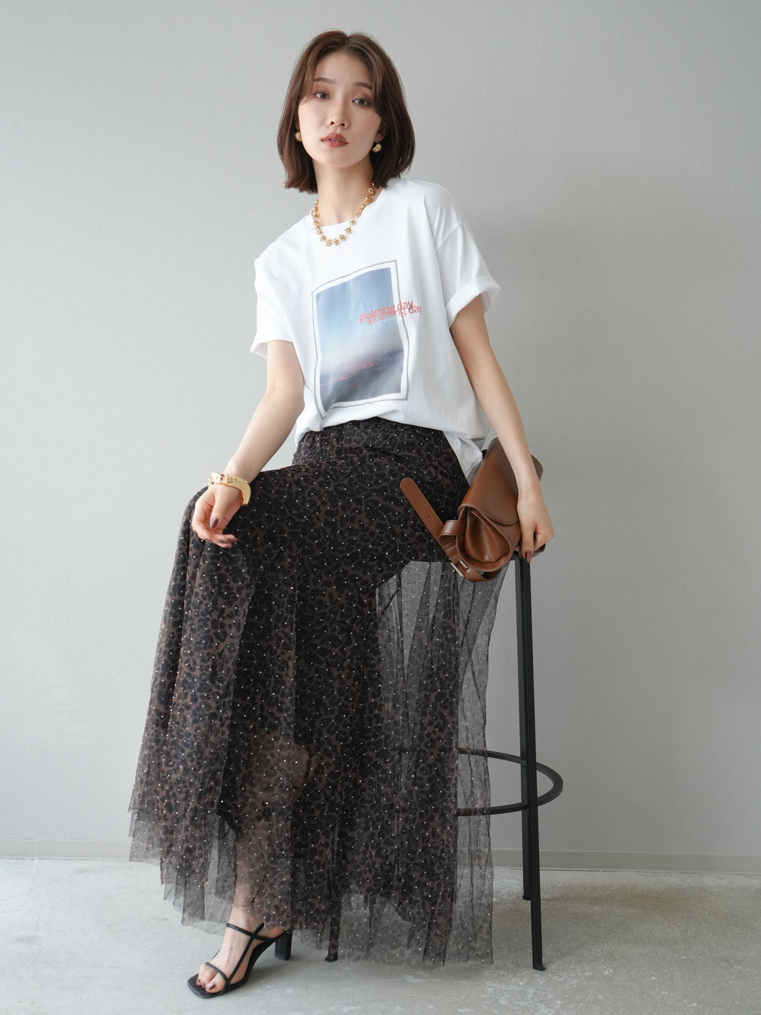 [予約]チュールレイヤードプリントTシャツ/オフ