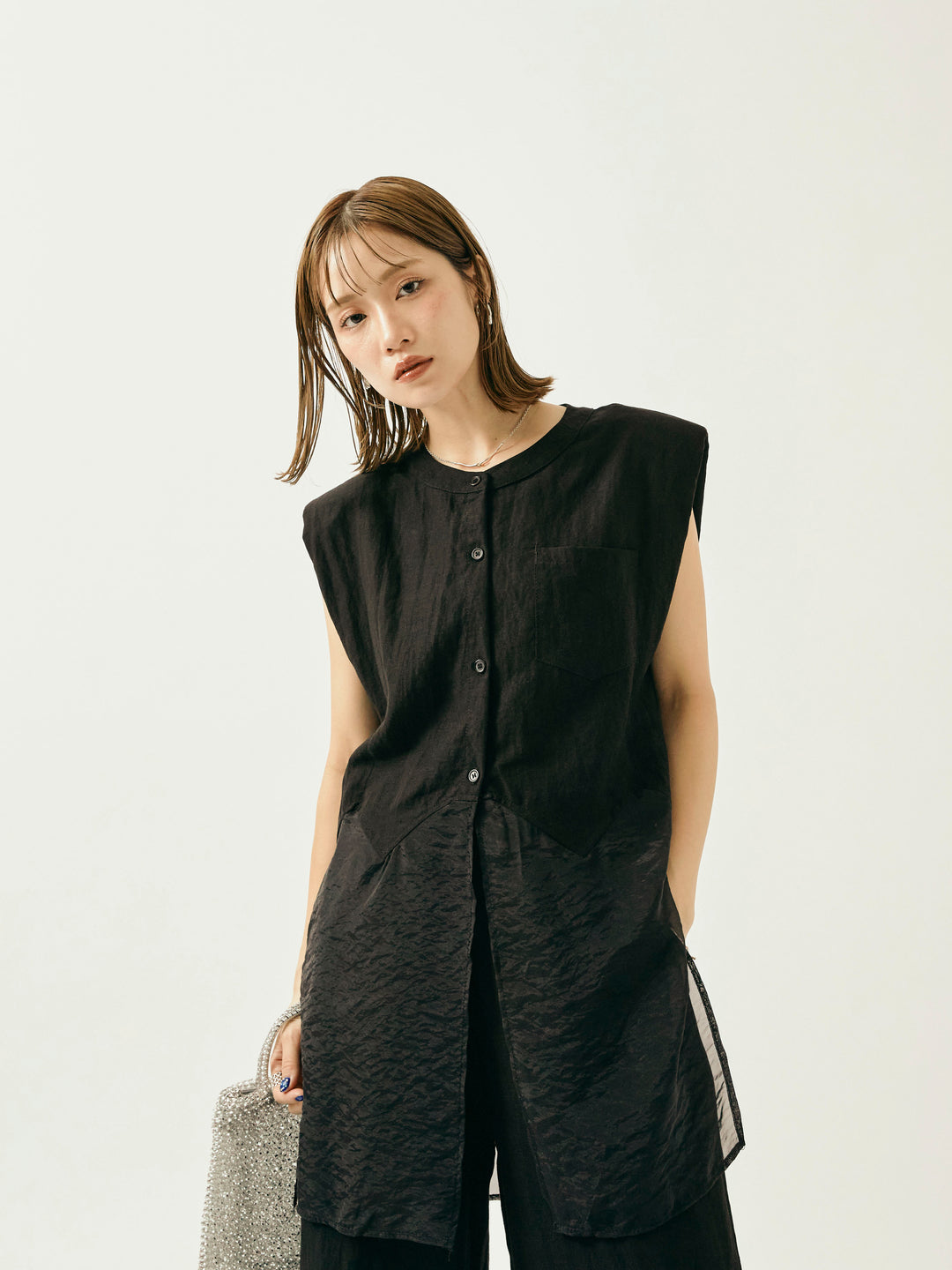 [SET]オーガンジーヘムブラウス＆ワイドパンツSET UP(2set)