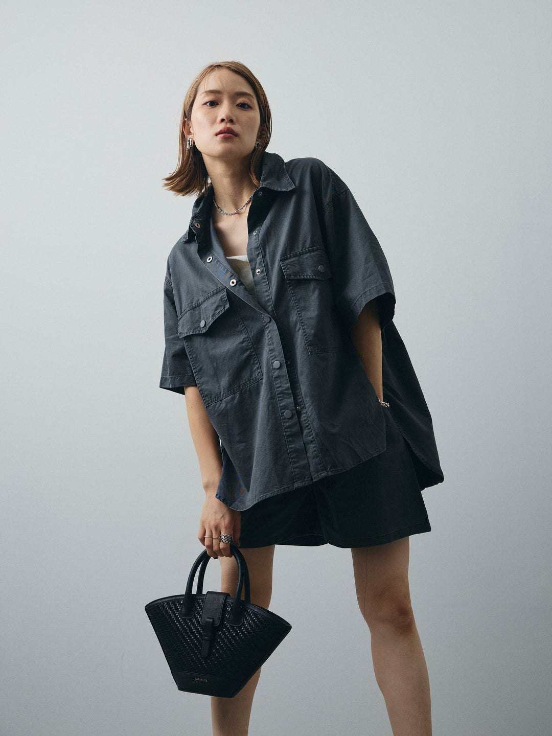 [SET]ミリタリーオーバーシャツ＆ハーフパンツSET UP+リネンライクカシュクールデザインビスチェ(2set)